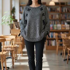 Elegant Black and Gray Women's Sweater with Bow Accents